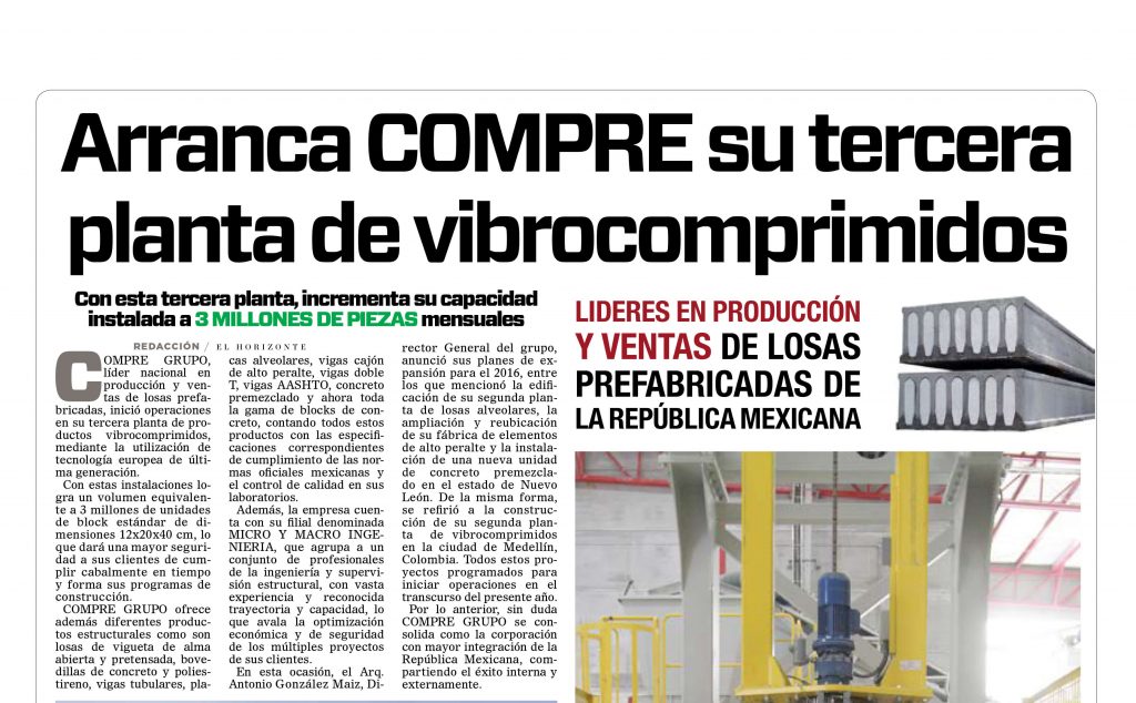 Arranca compre su tercera planta de vibrocompromidos